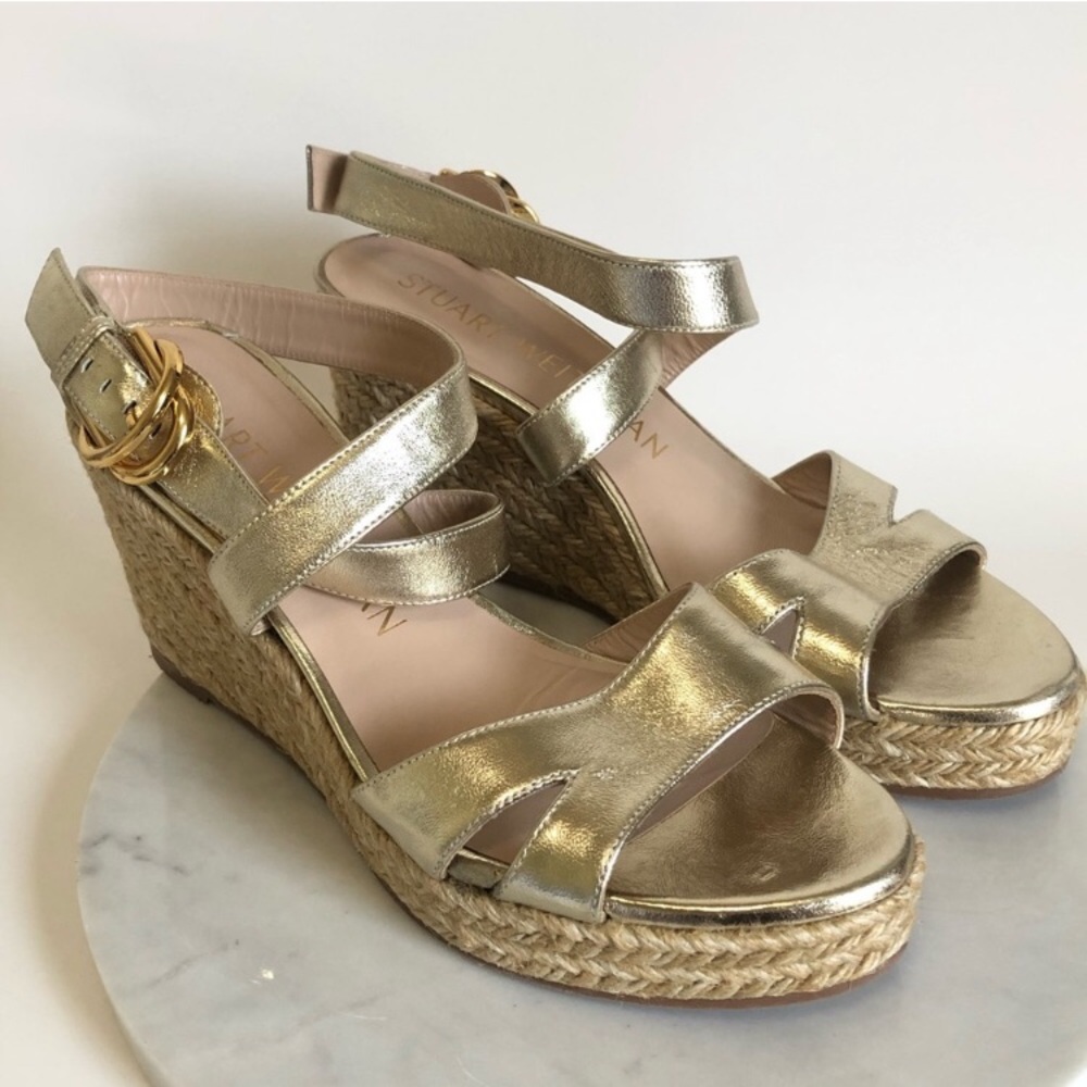 Stuart Weitzman Zuzu Metallic Gold Espadrille Platform Wedge Sandals Size 8 - Picture 4 of 16